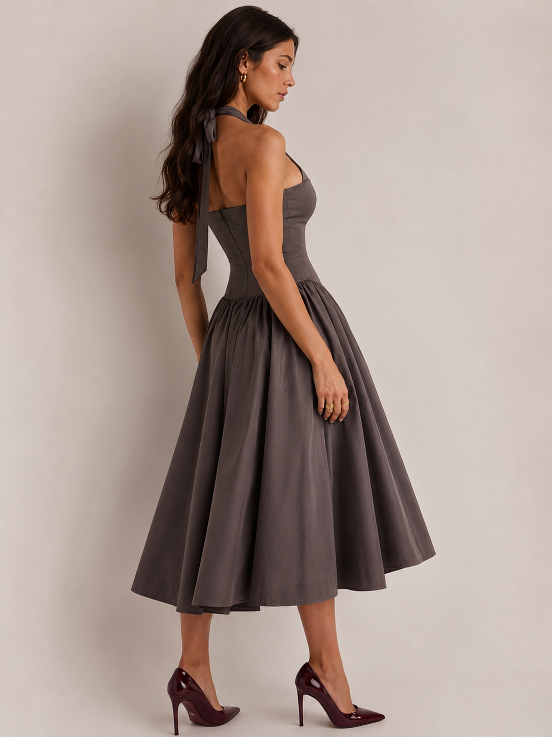 Mocha Elegance Halter Midi Dress 2