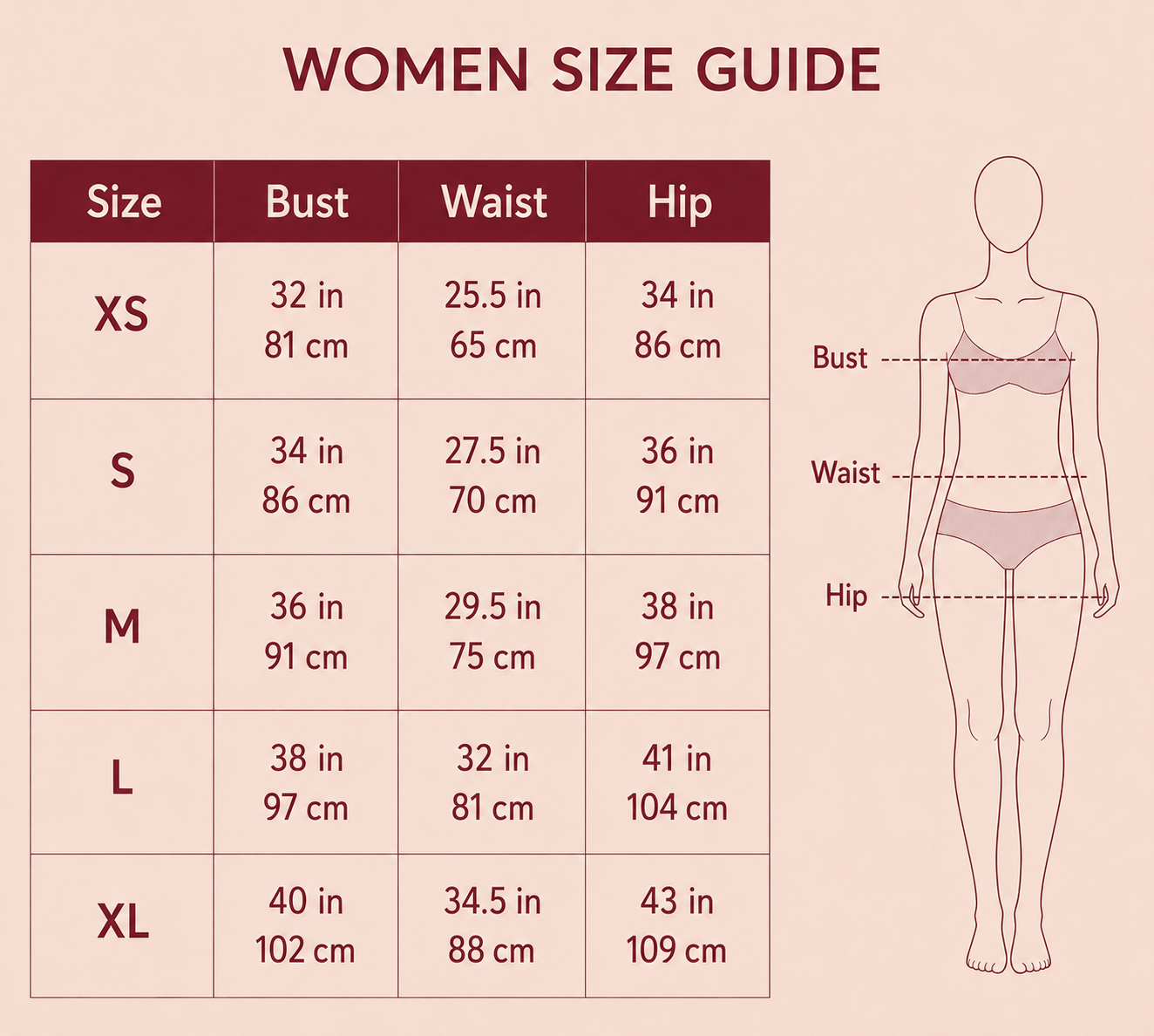 Aestlo women size guide with bust, waist and hip measurements