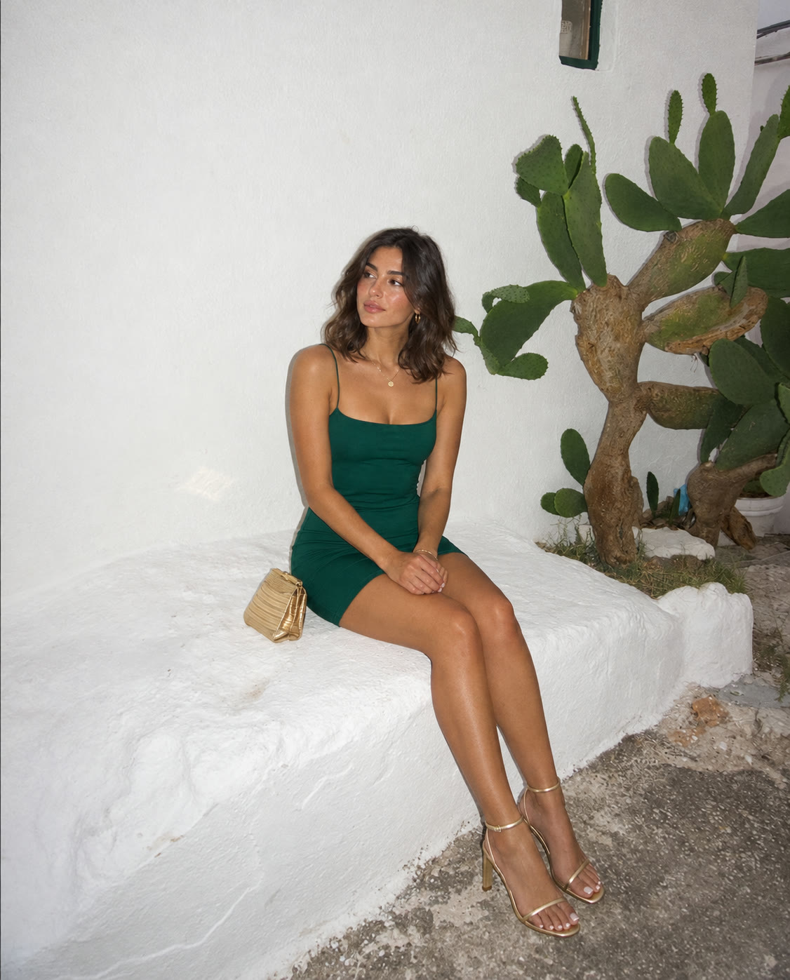 Emerald Muse Bodycon Mini Dress - worn, seated