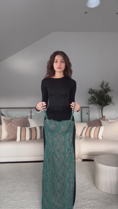 Emerald Lace Corset Midi Dress - on-model video, off the hanger